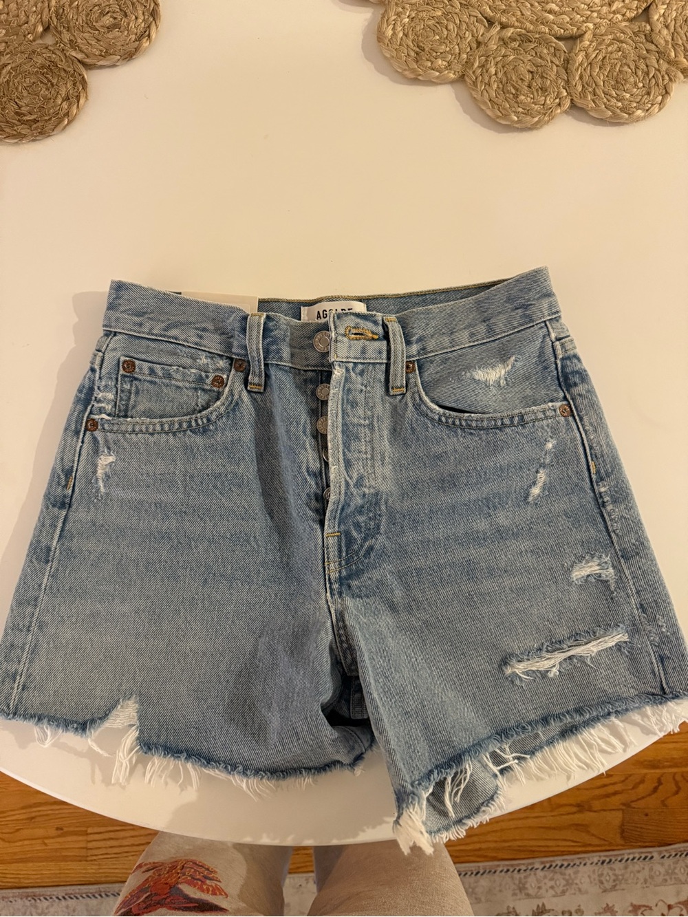 Agolde Faded Light Blue Distressed High-Rise Denim Shorts
